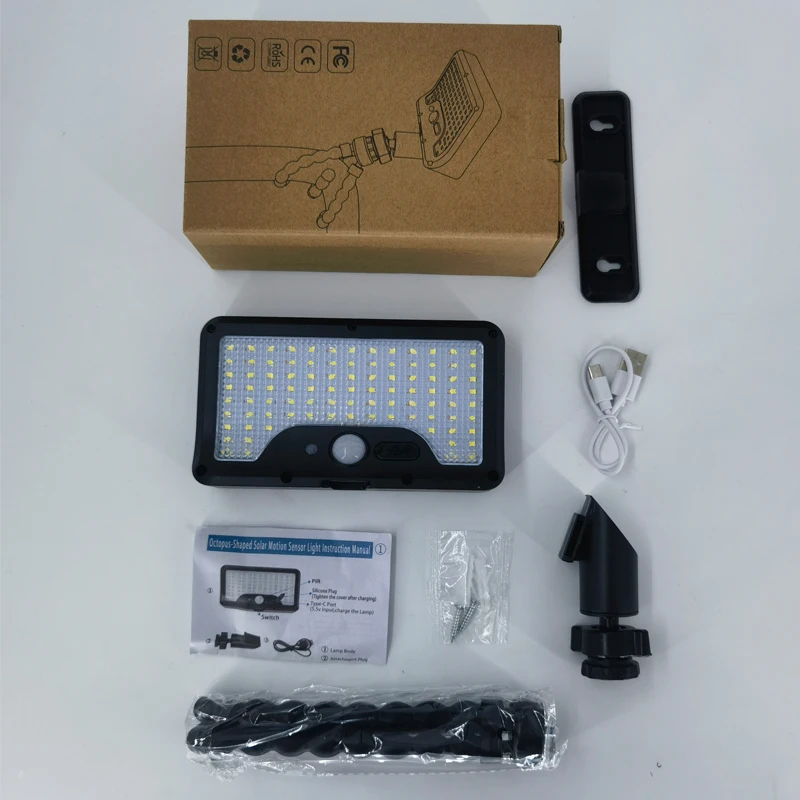 Novo design à prova d'água com suporte de polvo, 92 luzes de jardim solares LED tipo C, sensor de movimento recarregável, luzes de cerca solares LED