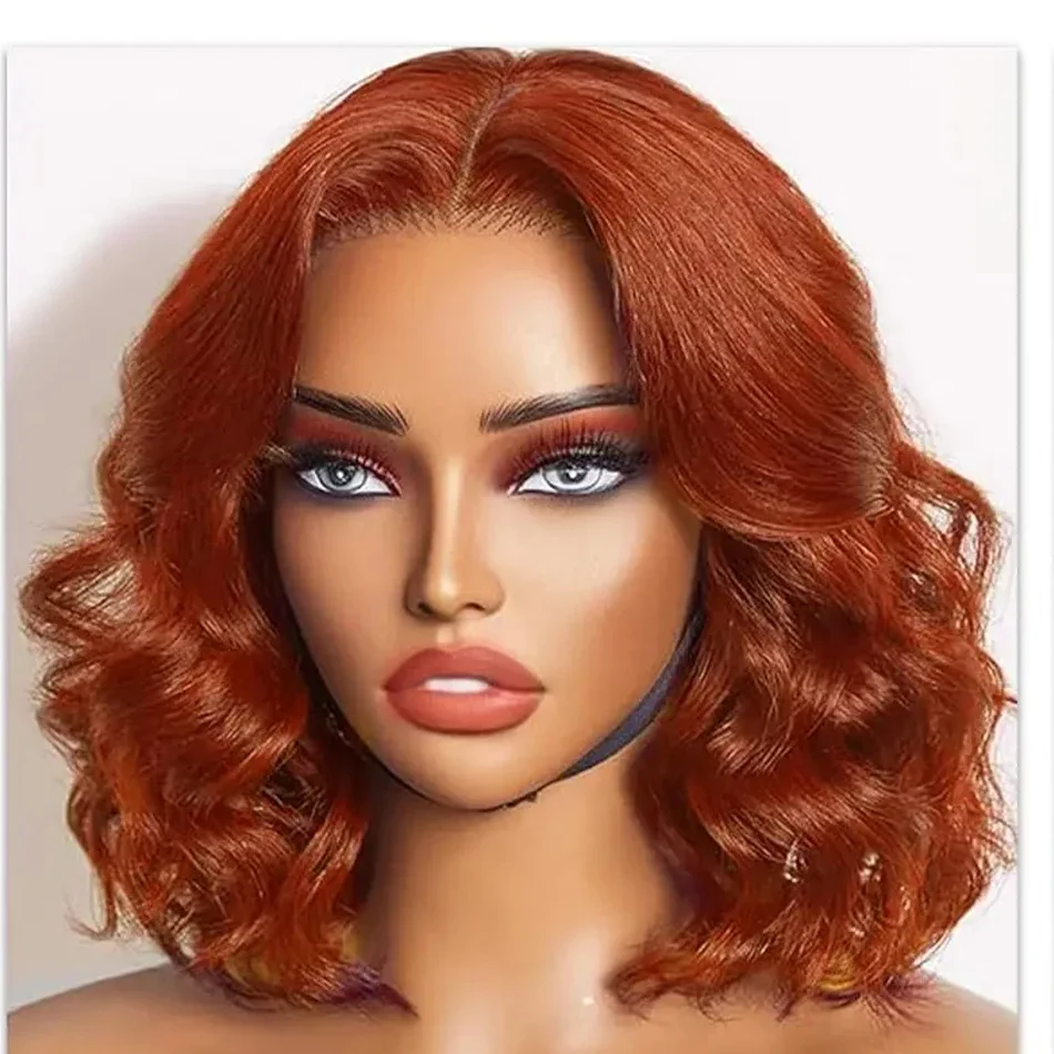 Ingwer-orange, kurze Bob-Perücke, gewellt, für Frauen, täglich, vorgezupft, peruanisches Remy-Echthaar, 13 x 4 Zoll, Frontal-Spitze, Bob-Perücke_voghion.com
