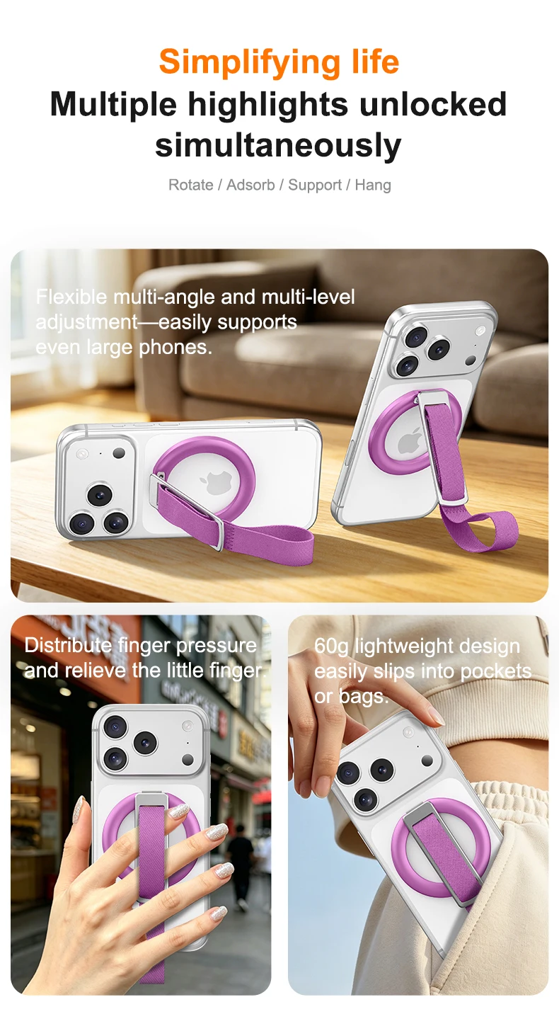 N52 Magnet Phone Grip Ring Holder Foldable Kickstand Wrist Strap 60g Lightweight for Smartphone Daily Carry