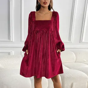 Women's Square Neck Velvet Long Sleeve Ruffle Short Dress A Line Tie Back Christmas Dress