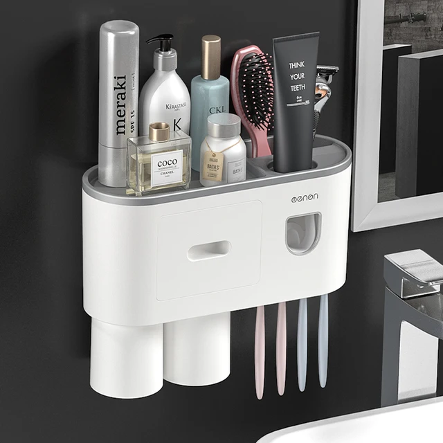 Automatic Tooth Paste Toothpaste Dispenser with Tooth Brush Toothbrush Holder and Auto Pump Rolling Squeezer Kit Set Wall Mount