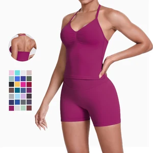 High Quality Two-Piece Sports Bra and High Waisted Shorts Set Solid Color Yoga Tank Top and Fitness Kit Front Logo Breathable