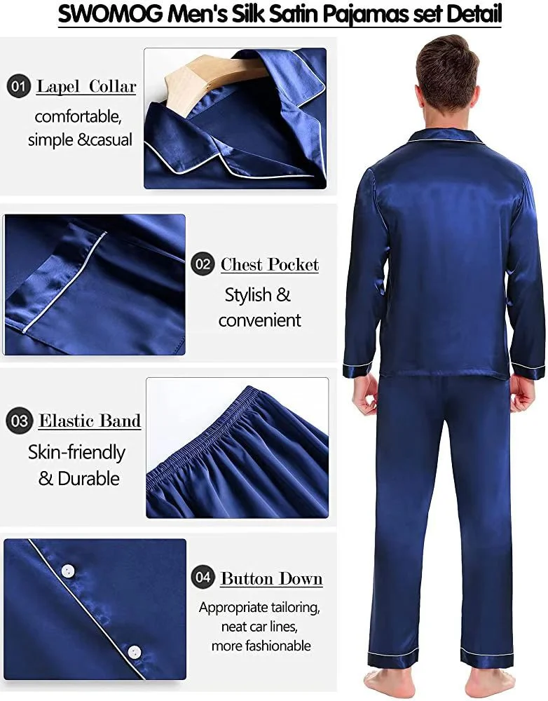 Men's Silk Satin Pajamas Set - Sleepwear Set Loungewear (D9)(TG7)