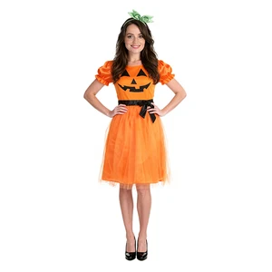 Bespoke Women Orange Pumpkin Stage Outfit Ruffled Sleeve Craft Satin Bow Design Comfortable Breathable Polyester for Autumn