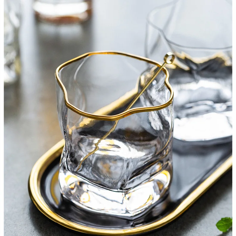 Wholesale Bulk 250ml Creative European Old Fashioned Gold Rim Glass Whisky Mug Cup details