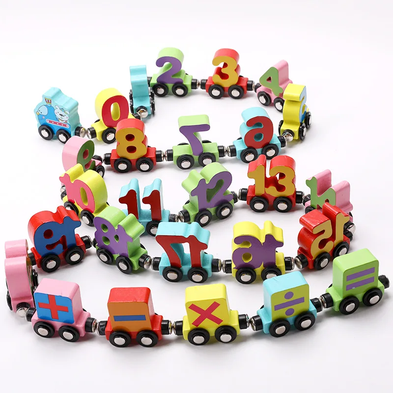 Montessori kids wooden colours magnetic letter number small train toys children early education building block towing toy car