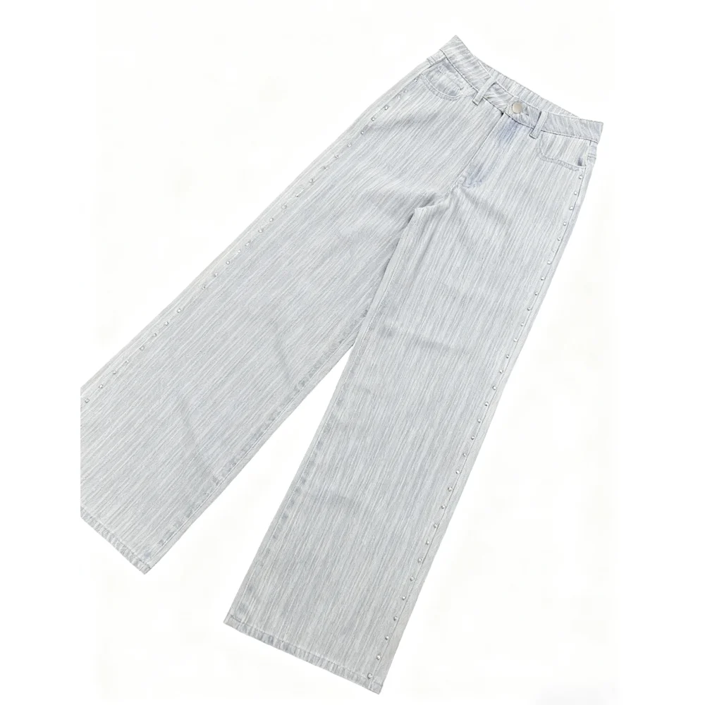 Customized Women Casual Striped Denim Halter Top Striped Straight-leg Jeans Top Pants 2-Piece Set