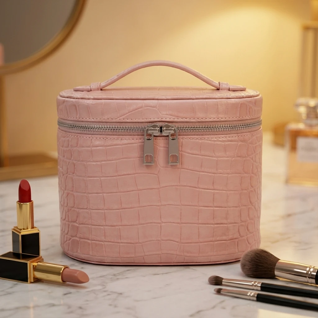 Premium Luxury crocodile Embossed PU Leather Makeup Bag Women Portable Cosmetic Organizer with Top Handle, Double Zipper