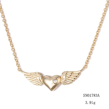 Grace Jewelry Good Luck Guardian Puffy Heart Gold Plated 925 Sterling Silver Angel Wing Necklace
