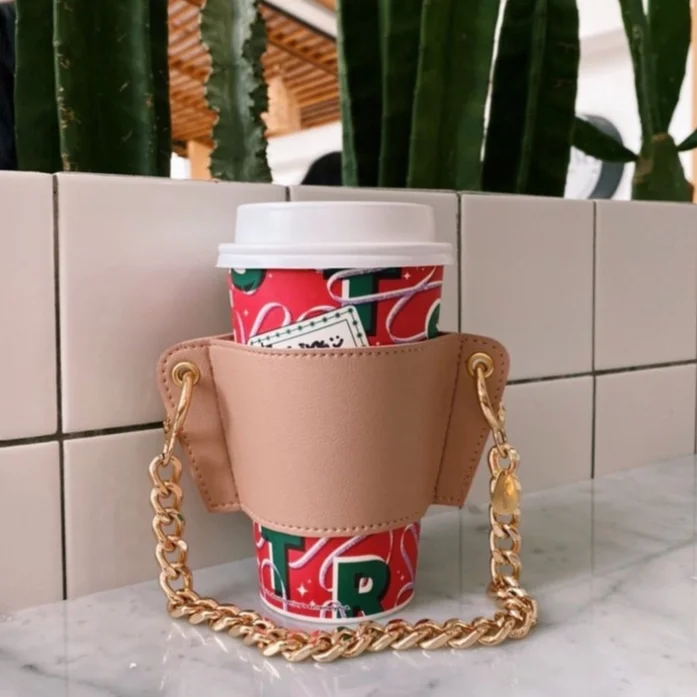 Hot coffee cup sleeve, Reusable leather coffee sleeve with handle, leather  cup holder, cold drink cup holder, cup holder with chain, iced coffee