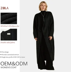 Women's Custom Logo Long Woolen Alpaca Fur Coat Breathable Belt Solid Color Slim Casual Style Winter Outerwear Handmade Cashmere