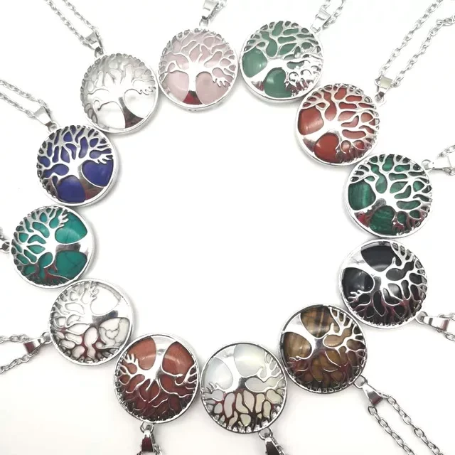 Natural Stone Tree of Life Crystal Pendant Alloy Tree of Life Necklace with Gemstone Rose Quartz Amethyst Tiger Eye Pendant