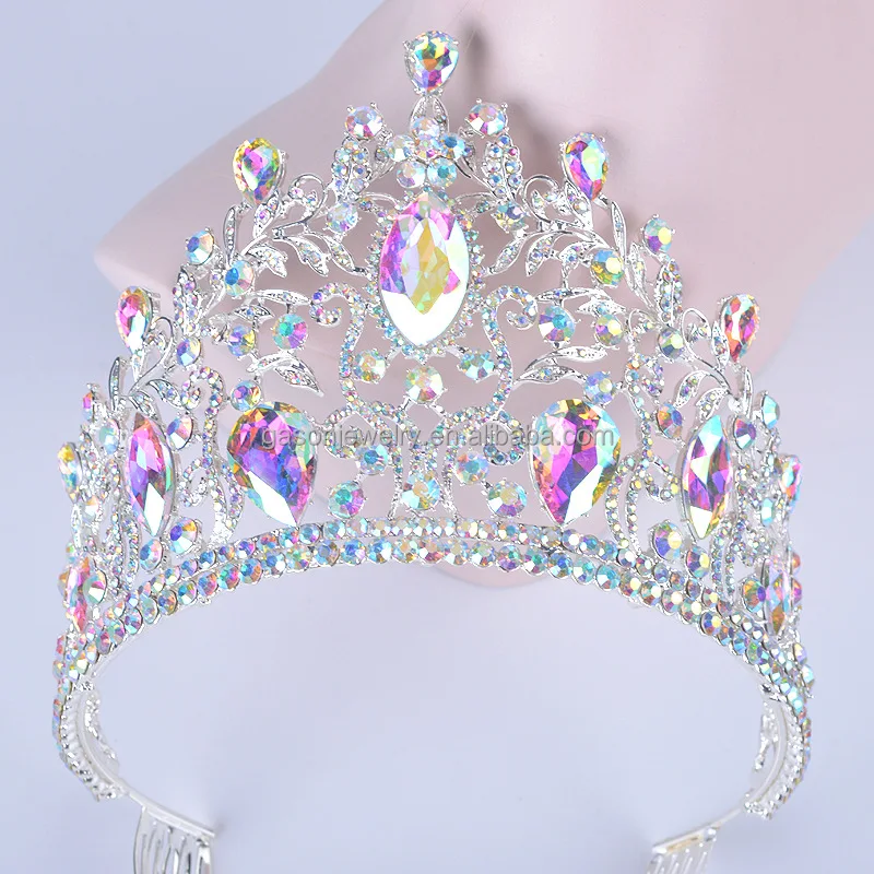 Tall Pageant Crown Wedding Big And Colorful Ab Rhinestones Tiara And ...