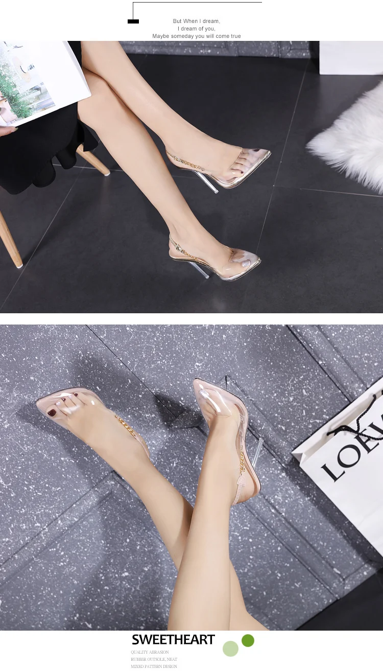 New 2022 Spring Fashion Pvc Women's Pumps Sexy Concise Chain Thin Heels ...