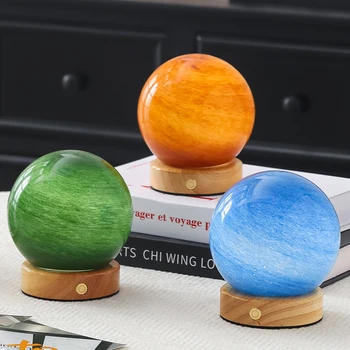10cm Mini Glass Ball Saturn Table Lamp 3D LED Night Light En Bois Cube Plug-In Power for Children's Room Galaxy Night Light
