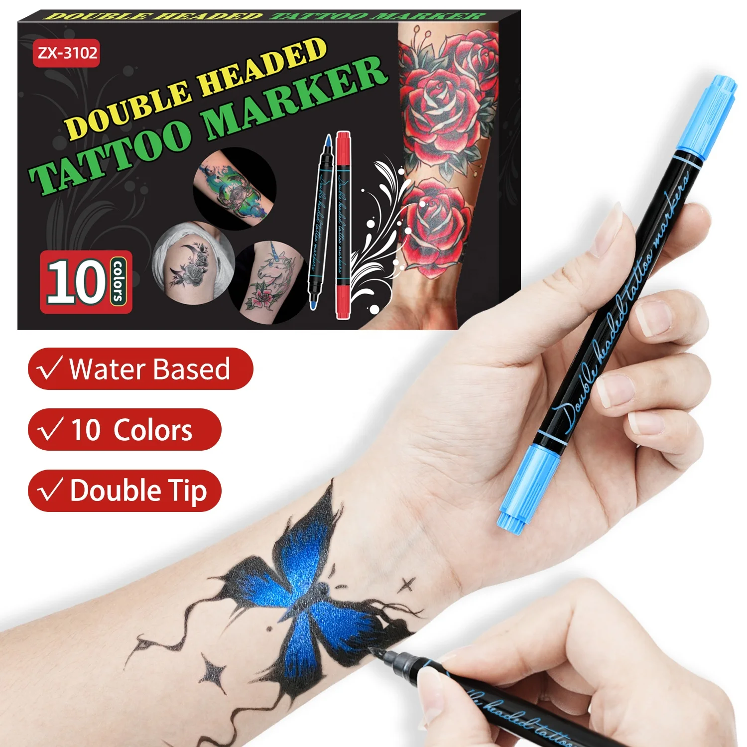 その他 Kazu 10-color Tattoo Pen - Bold and Fine Line Temporary Markers