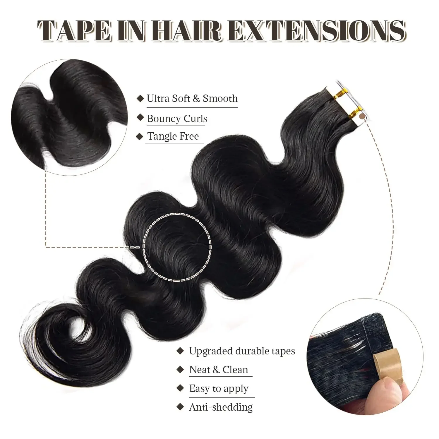 Extensii de păr Remy natural, cu bandă adezivă, ondulate fără sudură, pentru femei_voghion.com