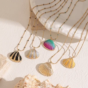 Unisex Summer Trendy Stainless Steel Necklace with Geometric Seashell Starfish Snake Chain for Anniversary Girls Women Jewelry