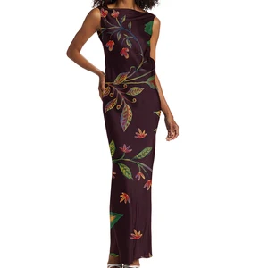 Wisrise Fashion New Arrival Design Women's Burgundy Floral Print Sleeveless Cowl Neck Flowy Maxi Dress
