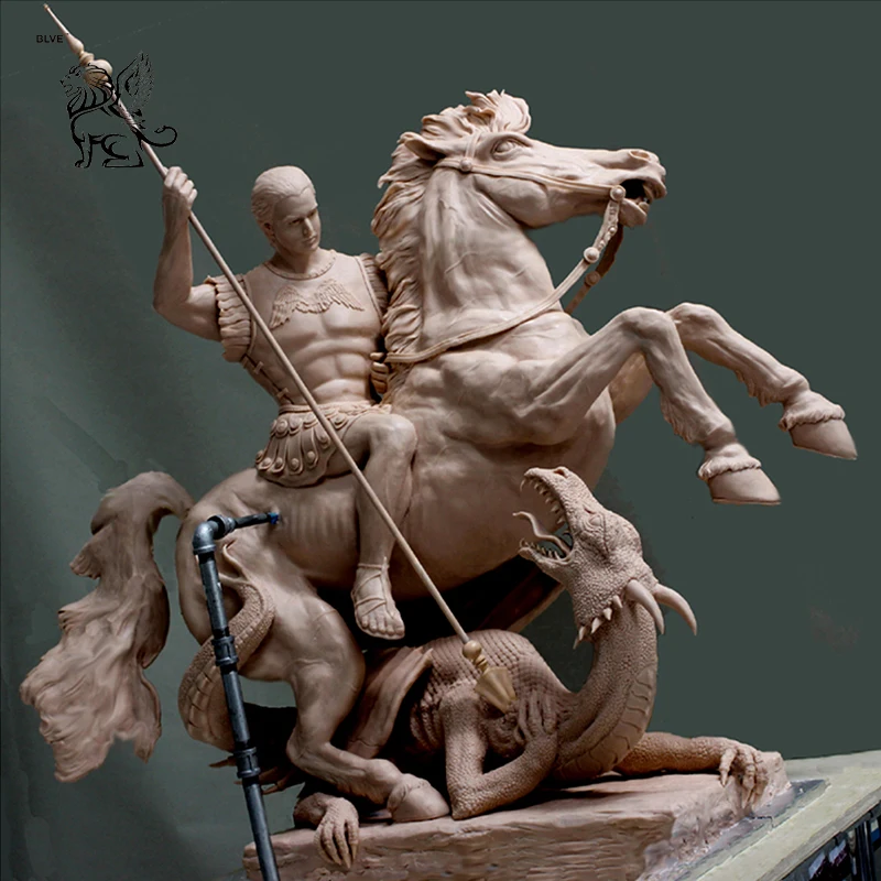 手彫りの等身大大理石聖ジョージ乗馬馬ドラゴン殺害像西カトリック宗教