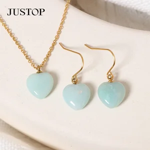 2026 Heart Natural Gemstone Jewelry Sets Gold Plated Stainless Steel Crystal Necklace Earring Jewelry Set for Girls