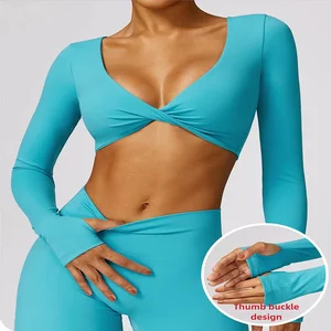 Deep V Twist Front Gym Fitness Crop Tops Sexy Breathable Yoga Exercise Tight Long Sleeve Top with Thumb Hole