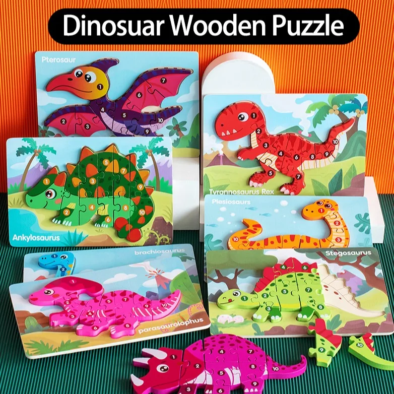 3d Dinosaur Puzzle Cartoon Stereo Digital Animal Wooden Baby Puzzles ...