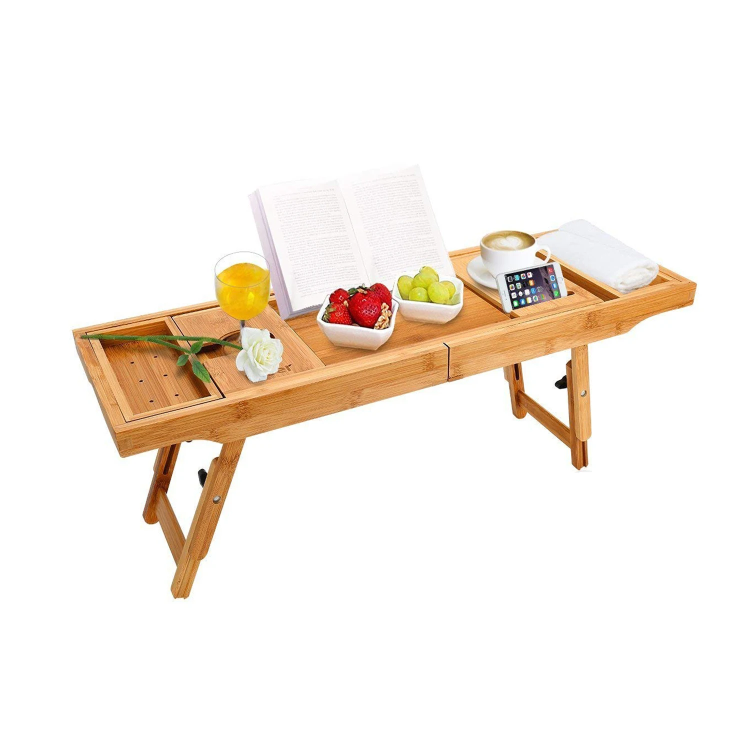 Bamboo Luxury Bathtub Caddy Tray Expandable Bath Organizer Tray for Bathtub Accessories & Bathroom Gadgets