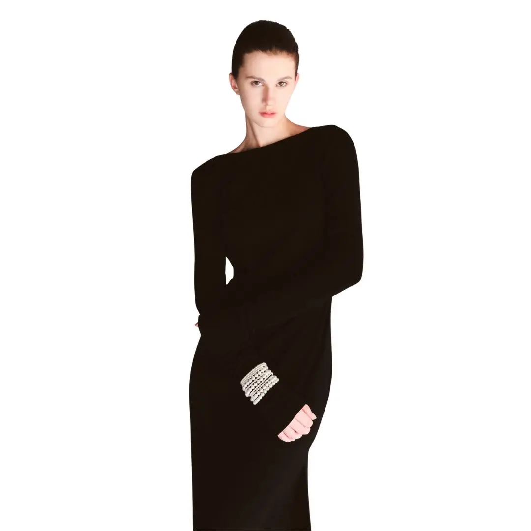 Black Dress Women's Elegant Premium Quality Lirna Emb Draped Maxi Long Dress With Open Back Long-sleeve Custom Labels From Vn Black Dress Women's Elegant Premium Quality Lirna Emb Draped Maxi Long Dress With Open Back Long-sleeve Custom Labels From Vn