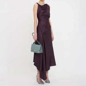 ZYHT 73960 Popular US Europe Satin Dark Brown Coffee Asymmetrical Hem Sleeveless Ruch Pleat Knot Women Casual Dress