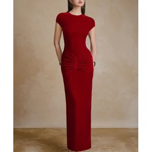 Factory Wholesale Elegant Wine Red Slim-fit Midi Dress Women Sleeveless Autumn New Draped Velvet Diamond Pleated Party Female