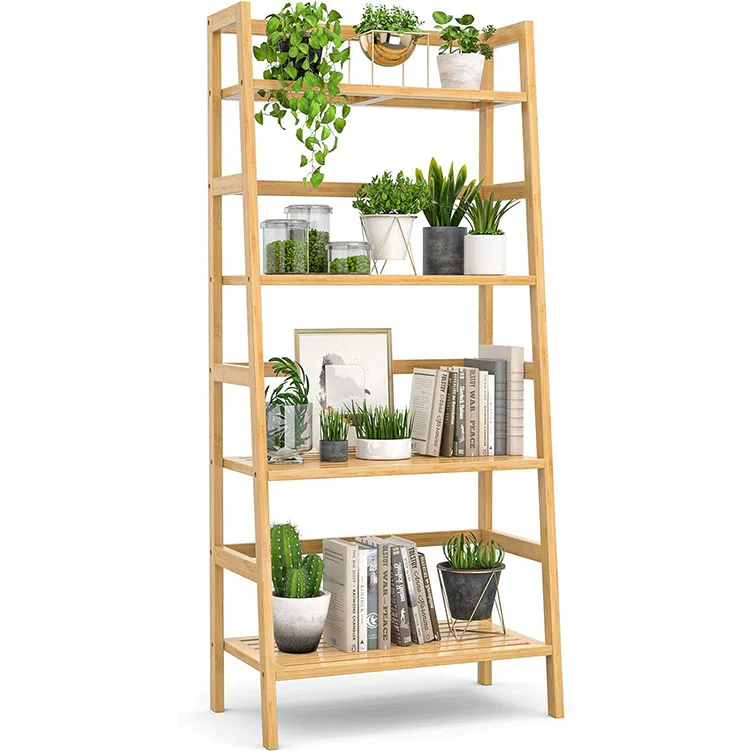 Freestanding Open Bookcase Book Shelf Bathroom Storage Shelves Unit Plant Stand Bamboo Bookshelf 4-Tier Ladder Shelf