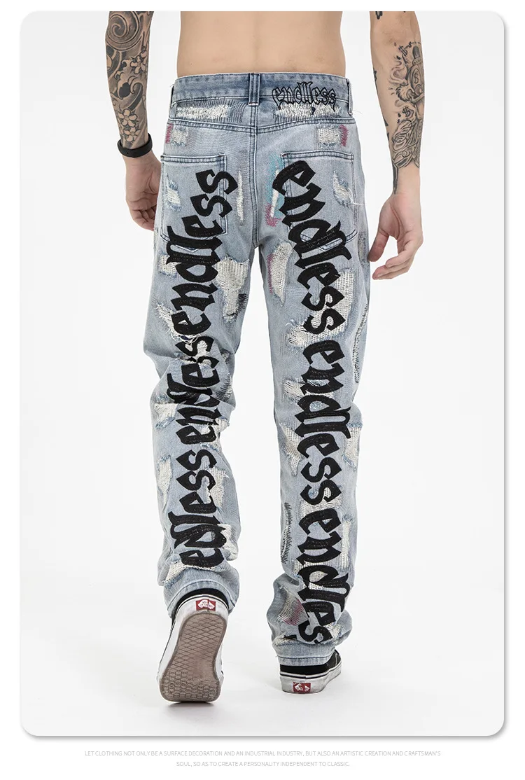 Custom American Highstreet Embroidery Hole Vintage Denim Pants Fabric Male Denim Jeans Man Men's Jeans Men