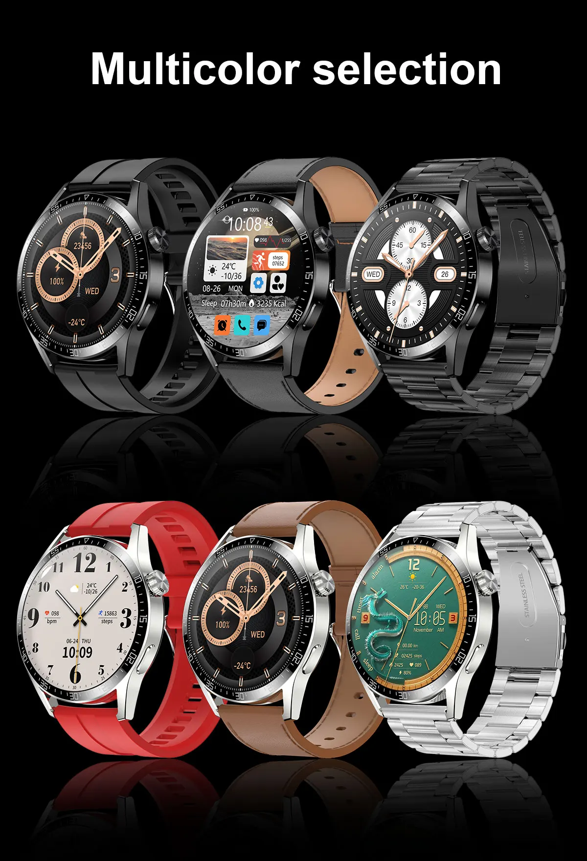 Montre connect&eacute;e Kalobee SK37 1,53 pouce avec Bluetooth, appels, intelligence artificielle vocale, lecteur de musique, NFC, bouton rotatif, &eacute;cran toujours allum&eacute; et chargement sans fil.