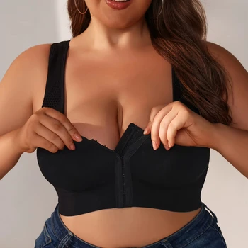 Women's Wire-Free Sports Bra Everyday Breathable Knitted Lingerie Triangle Front Buckle Hook-and-Eye Closure Solid Seamless