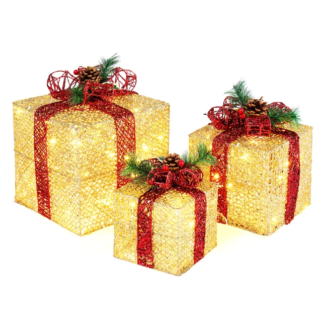 3pcs 10 inch-8 inch-6 inch Golden Gift Box Garden Gift Box Decoration 5M Long Power Cord US Plug