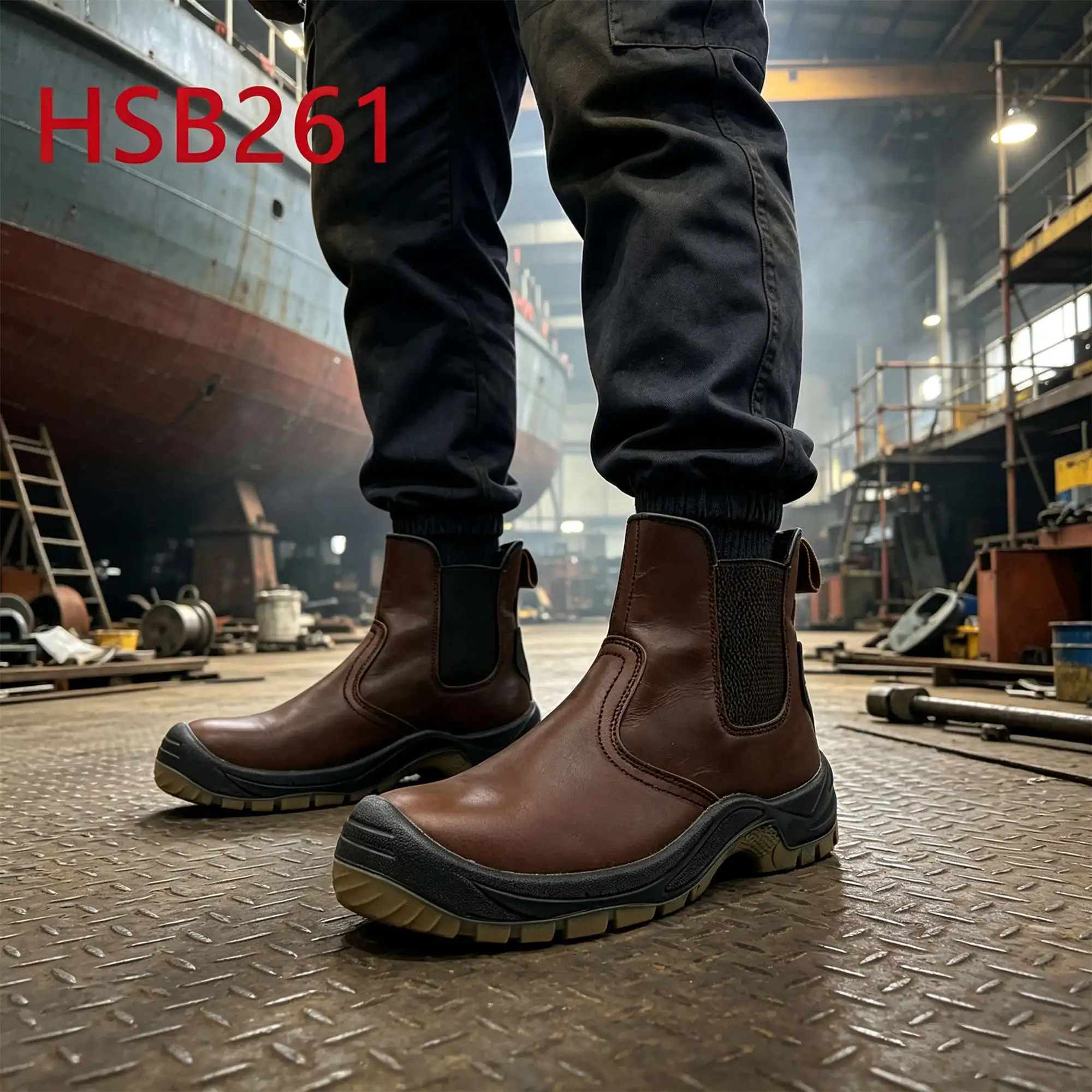 ZYF,Ireland slip on Style Crazy Horse Leather Hua Singh Safety Shoes Dock Repair Anti-acid&alkali Sole Brown Work Boots HSB261
