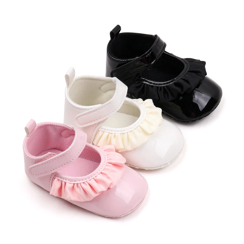 Fashion Lace Princess Shoes Solid Color Baby Girls PU Leather Bright Face Soft Soled Shoes