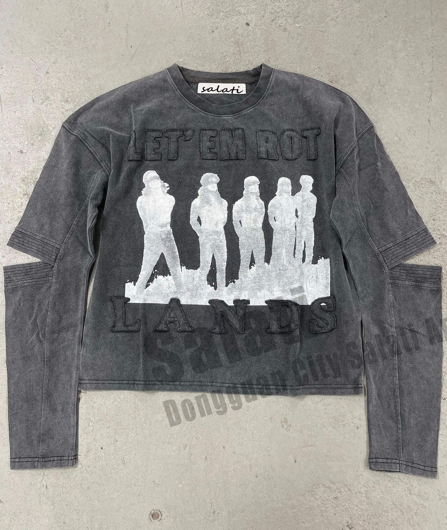 Customize Graphic Cropped Top Tee Print Black Applique Embroidery Cotton Stone Acid Wash Long Sleeve T-shirts T Shirt for Men gallery 2