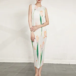 Miyake Pleats Summer Woven Washable Natural Polyester Sleeveless Pleated Floral Printed Straight Midi Dress Women's Casual