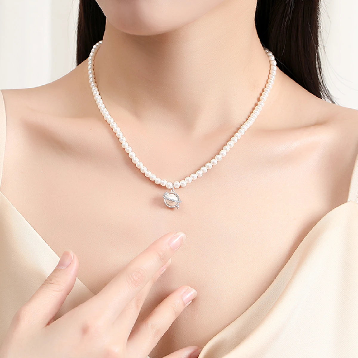 VANA Fine Pearl Planet Star White Zircon Pendant OT Buckle 925