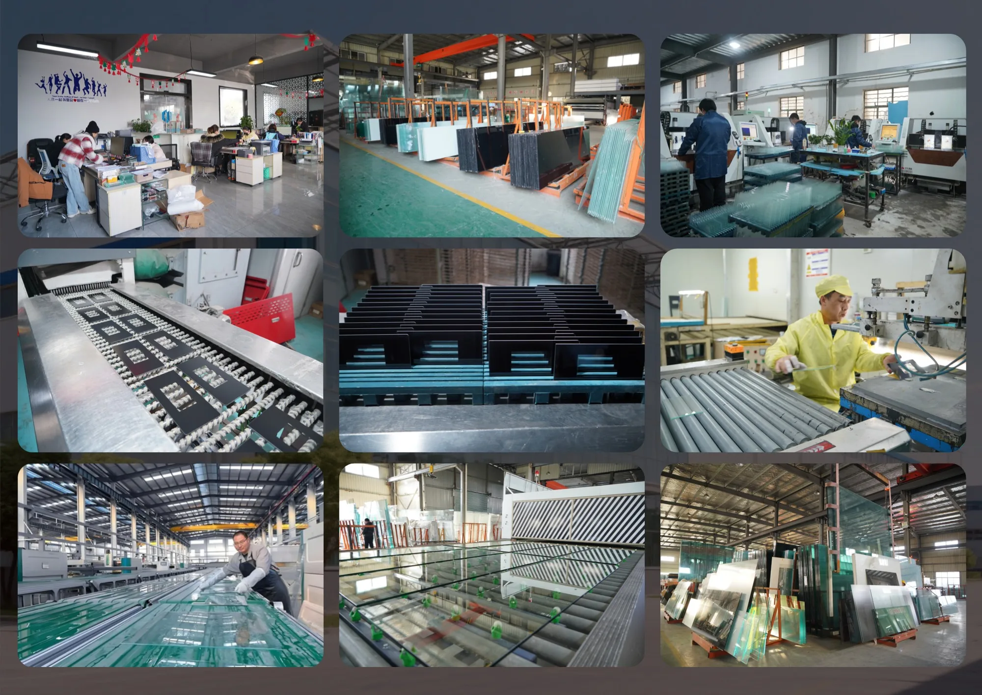 Glass processing workshop with cutting equipment