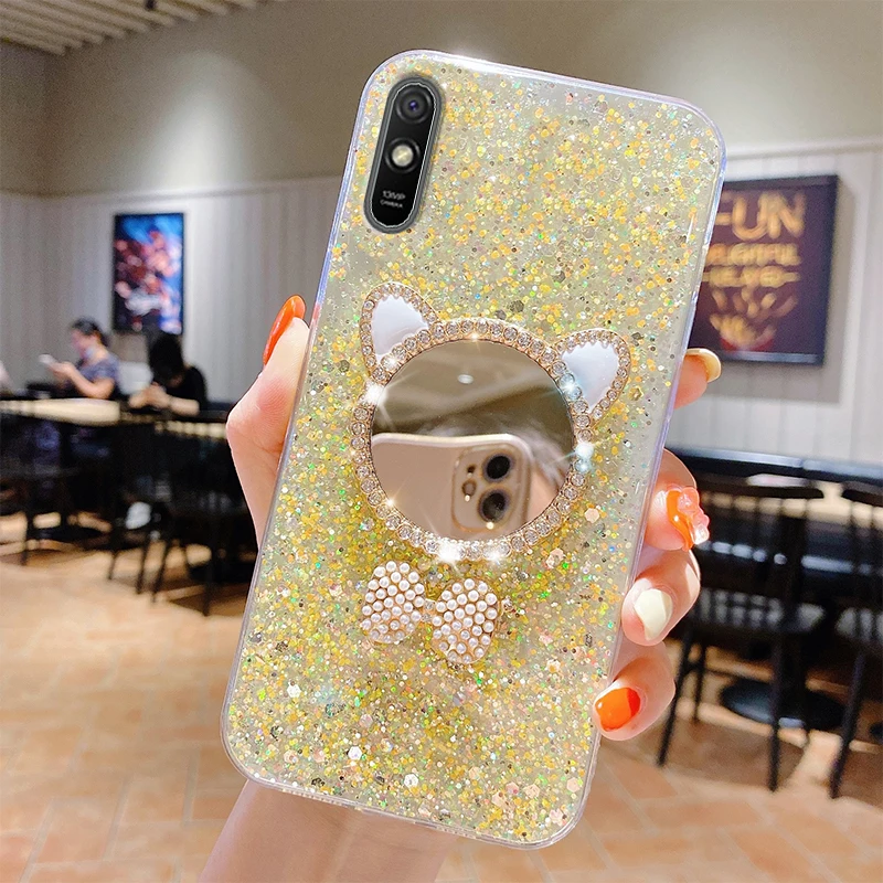 Cute Makeup Mirror Fashion Phone Case for Redmi Note 13 12 10 11 Pro New  Girls Silicone Bling Diamond Cover Case