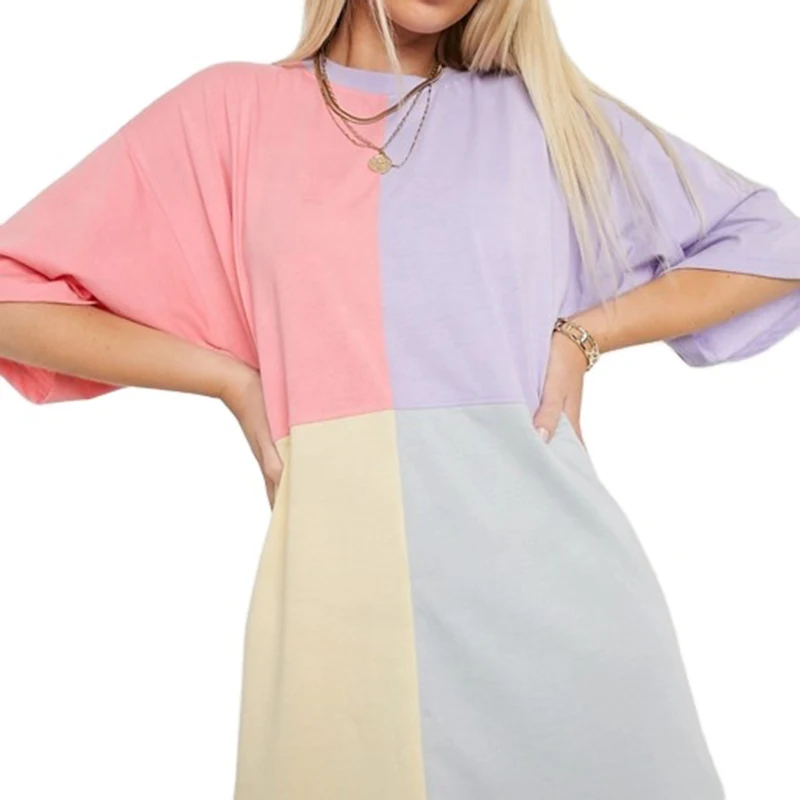 Custom Wholesale Women Cotton T-Shirts Custom Colour Block Oversize Round Collar T-Shirt