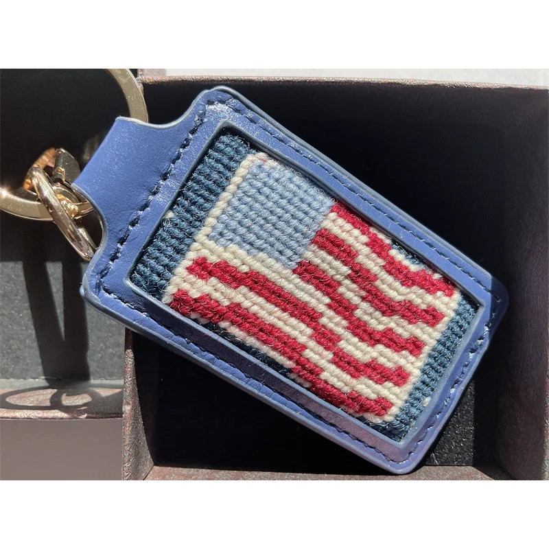 SNK006 Custom Design Key Chain Genuine Leather Key Holder with American Flag Stitch & Needlepoint Fashionable Handcraft Key Fob