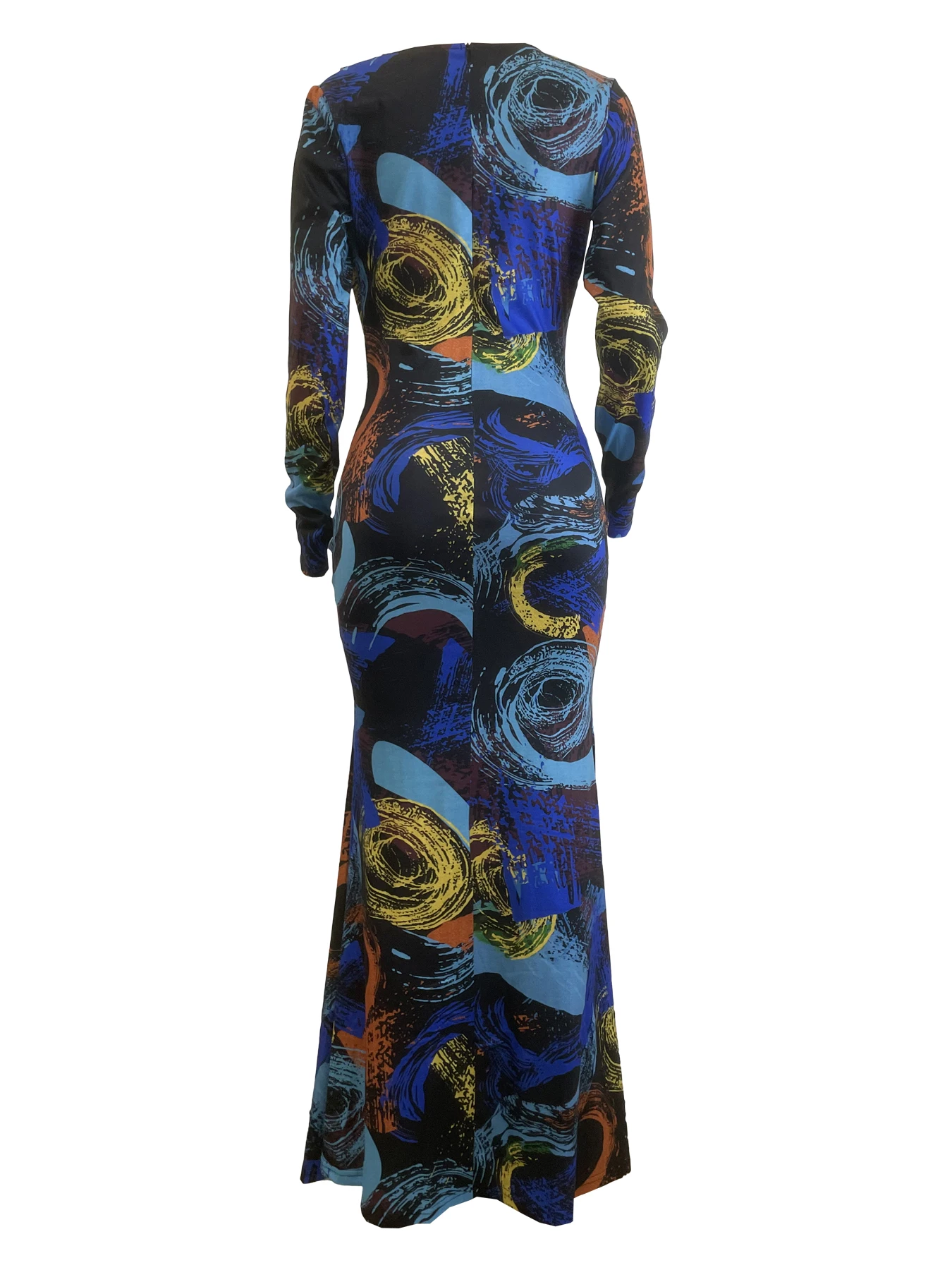 Wholesale Ombre Print V Neck Long Sleeve Mermaid Hem Ruched Formal Party Evening Long Bodycon Maxi Dress