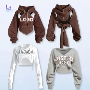 Huili Oem new trending Heavyweight 100% Cotton French Terry Women pullover cropped hooded top custom logo y2k cutout Hoodie