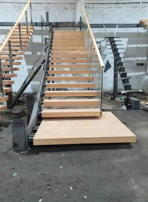 Floating modern staircase indoor invisible steel stringer wood stairs with glass railing factory