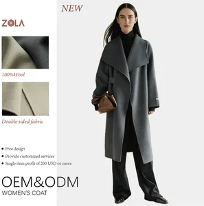 Women's Casual Winter Long Coat in Solid Color Double Sided with Single Button Belt Closure Made of Woolen Fabric