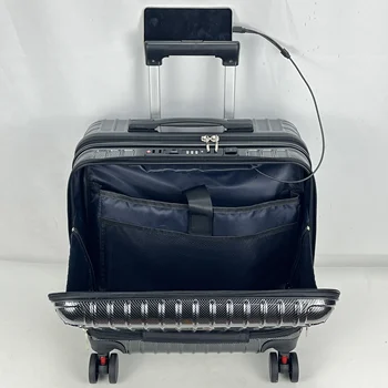 16 Inch ABS+PC Luxury Travel Suitcase with New Design Charging Port Spinner Caster Front Opening Luggage Phone Holder Trolley